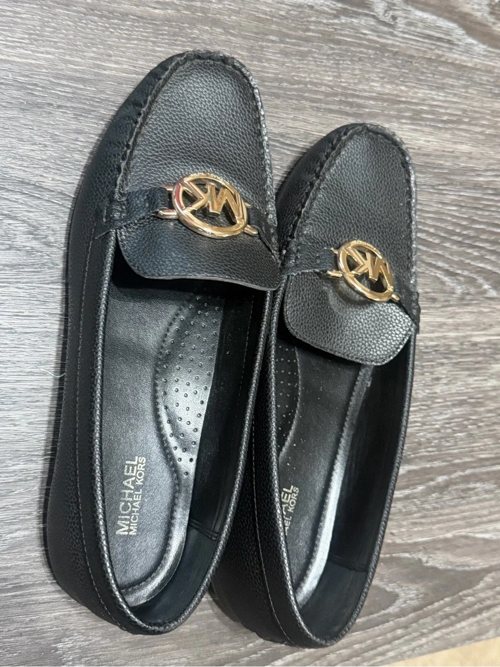 Michael Kors Black Leather Loafers with Gold MK Emblem